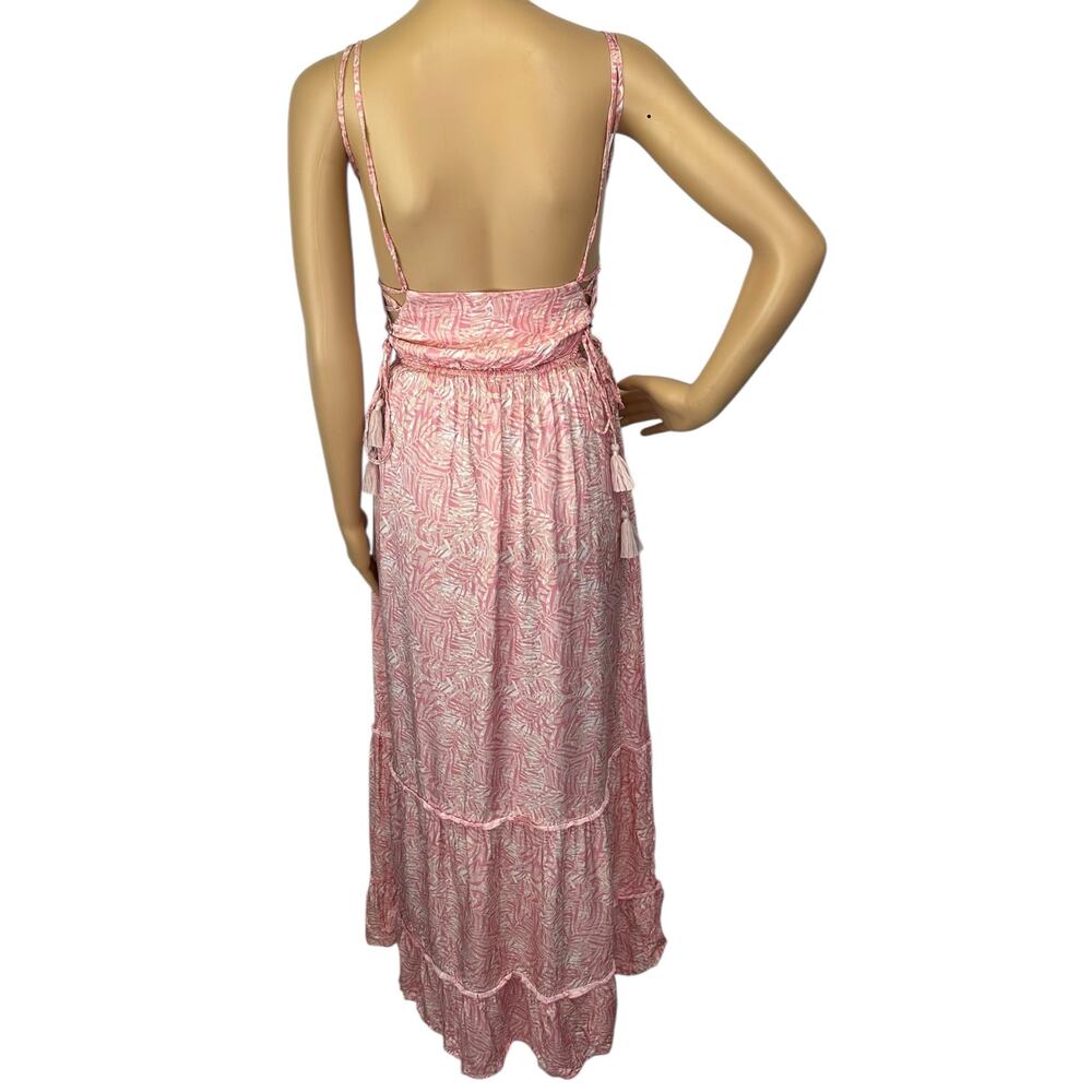 Maaji Nicole Palm Print Lace-Up Maxi Dress Pink Tassel Tiered Size S - Picture 6 of 12